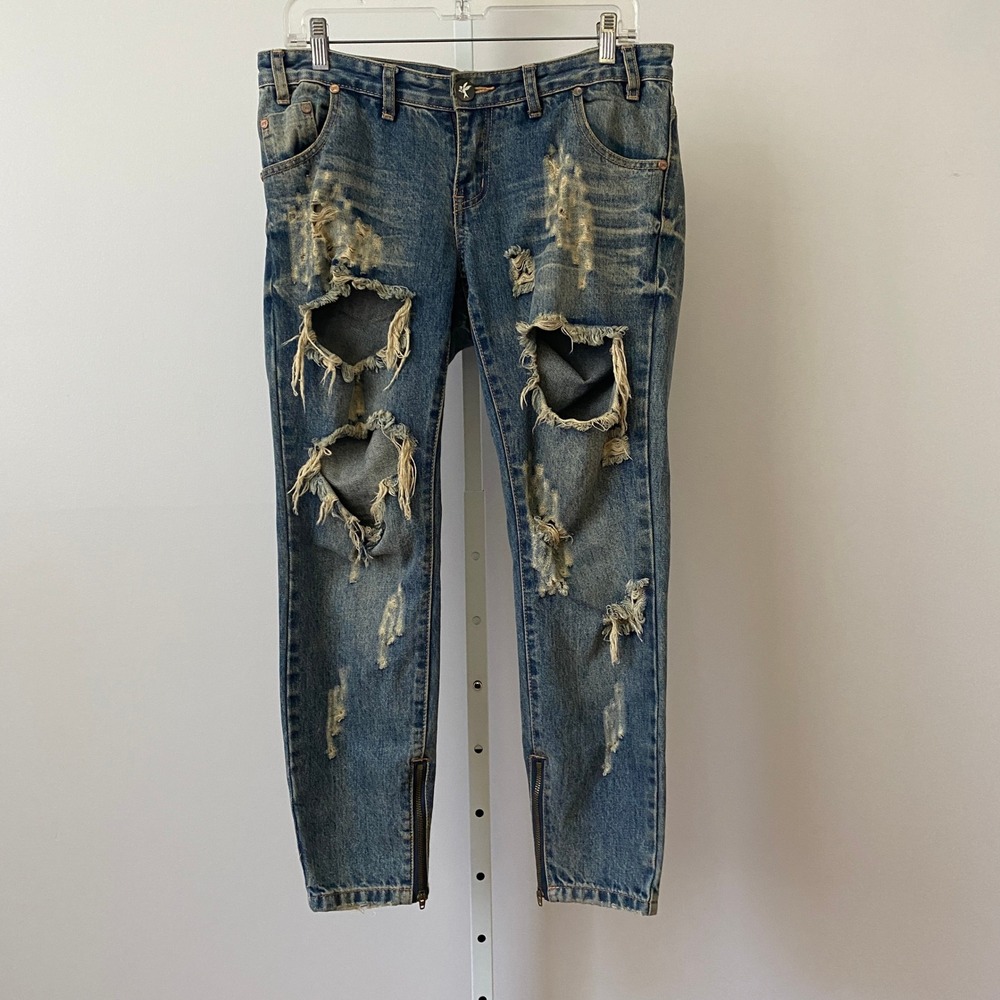 One‎ Teaspoon Cotton Y2K Grunge Distressed Ankle Zip Skinny Jeans 27 Blue Denim